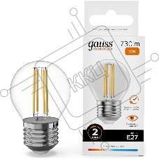 Лампа филам. Gauss Filament 12Вт цок.:E27 шар св.свеч.бел.теп. (упак.:10шт) (52212)