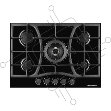 Газовая варочная поверхность Kuppersberg, закаленное стекло, ширина 70 см, 5 газовых конфорок, WOK конфорка(3,8 кВт), автоподжиг, газ-контроль, чугунные решетки, цвет чёрный