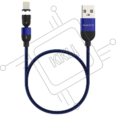 Кабель Maxvi MCm-02L blue, USB-A - Lightning, 2A, магнитный разъем, LED ток макс. нагрузки 2А, макс. напряжение 5V; стандарт USB 2.0; длина 1.5м, нейлоновая оплетка, съемный магнитный коннектор, LED подсветка, синий