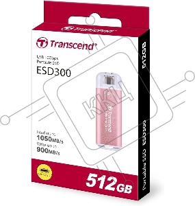 Внешний SSD External SSD Transcend 512Gb ESD300 <TS512GESD300S> (USB3.2 gen 2, Type C, 1050/950Mbs, 3D NAND, 60x20x7.8mm, 9g) розовый