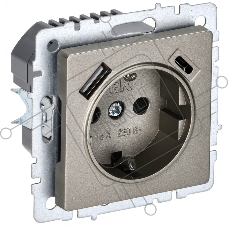 Розетка 1-местная IEK BRITE РЮш11-1-БрШ (BR-R14-16-U22-018-K37) с заземлением, с защитными шторками, 16А, с USB A+C 18 Вт, шампань