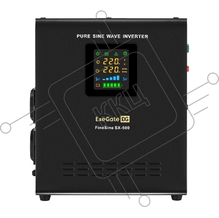 Комплект ИБП EX295995RUS + батарея 100Aч EX285656RUS 1шт (инвертор, синус, для котла, настенный) ExeGate FineSine SX-500.LCD.AVR.2SH <500VA/300W, чистая синусоида, цветной LCD-дисплей, AVR, 2*Schuko, линейно-интерактивный, крепление настенное/универсально