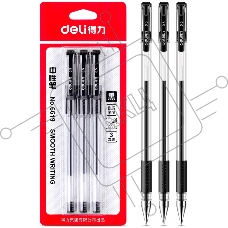 Набор ручек гелевых Deli 6619-BK прозрачный/черный, черные чернила, блистер (3шт), линия 0.5мм, резиновая манжета