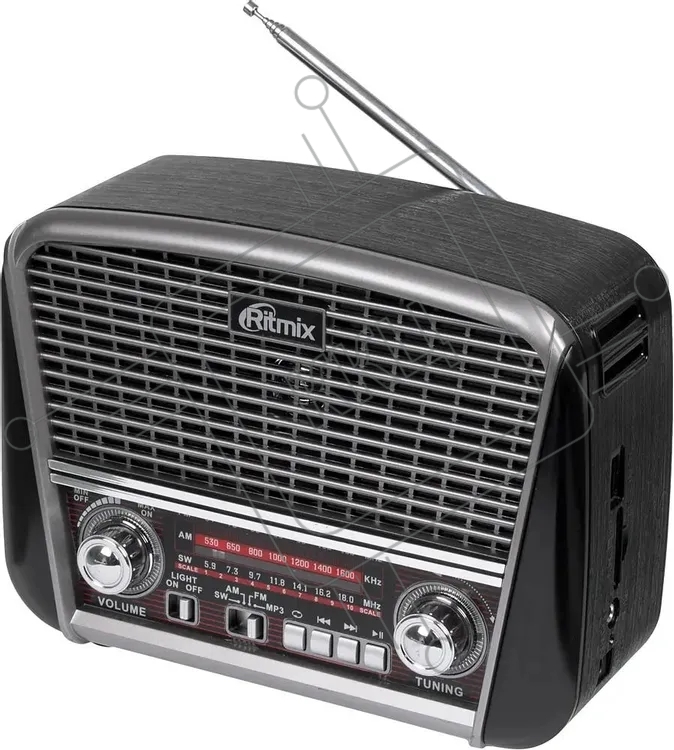 радиоприемник Ritmix RPR-065 серый Портативный трехдиапазонный радиоприемник FM / AM / SW, функция MP3-плеера (читает файлы с microSD/SD/USB носителей), яркий встроенный фонарь, питание от встроенного аккумулятора, от сети 220В, от батареек типа D (2 штук