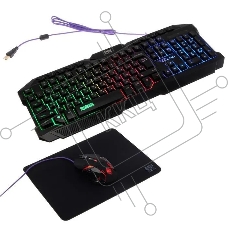 Игровой набор Qumo Mystic K58/M76, кл-ра проводная 104 + 10 клавиш мультимедиа, встроенные подсветки общая + кнопок 3 цвета, мышь проводная, оптическая, 1200/1600/2400/3200 dpi с подсветкой, коврик