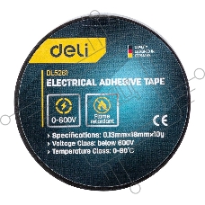 Изолента Deli DL5261 0,13мм х 18мм х 10м Уровень напряжения: менее 600 В. Температурный рейтинг: 0-80. ПВХ.