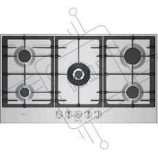 Газовая варочная панель Bosch PCR9A5I90M,90 см,нержавеющая сталь, 5 конфорок, 1 WOK-конфорка c 2 контурами пламени, 1 конфорка повышенной мощности,чугунные решетки,газ-контроль, автоматический электроподжиг