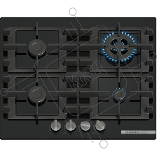 Газовая варочная панель Bosch Serie 4, 60 см, закаленное стекло, черный, 4 конфорки, 1 конфорка WOK c 2 контурами пламени, индивидуальные чугунные решетки, газ-контроль, автоматический электроподжиг, сделано в Испании