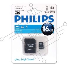 Флеш карта microSD 16GB PHILIPS microSDHC Class 10 (SD адаптер)