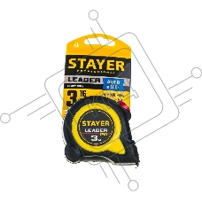 Рулетка с автостопом в ударостойком обрезиненном корпусе STAYER LEADER 3м / 16мм
