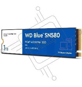 Твердотельный накопитель WD Blue SN580 NVMe, 1000GB, M.2(22x80mm), NVMe, PCIe 3.0 x4, 3D TLC, R/W 3500/3000MB/s, IOPs 460 000/45 600TBW