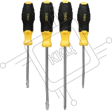 Набор отверток Deli DL630004N 4шт SL5x100 + SL6x150 + PH1x100 + PH2x150 сталь Cr-V, двухкомпонентная прорезиненная рукоять