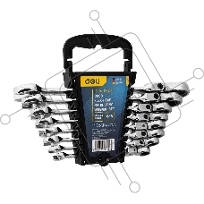 Набор комбинированных шарнирных ключей с трещоткой 8 шт Deli DL140208T Спецификация: 8,10,12,13,14,15,17,19мм. Сталь 40 Cr. Трещетка 50BV30 72Т.