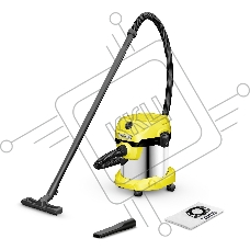 Строительный пылесос Karcher WD 2 Plus S V-15/4/18 желтый, 1000 Вт, уборка сухая/сбор воды, пылесборник мешок/контейнер, 15 л