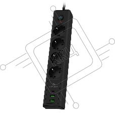 Сетевой фильтр Cablexpert Exnovo, EXN-4-CU2-B-2, 4р,16А, 1xType-C PD, 30Вт, 2хUSB, 2м, ур.защиты 4+, черный, коробка