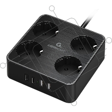 Сетевой фильтр Cablexpert Plate, PLT-4-C2U2-B-2, 4р, 10А, 2xType-C PD, 20Вт, 2xUSB, 2.4A, 2м, ур.защиты 4+, черный, коробка