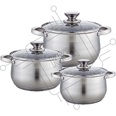 Набор посуды WEBBER BE-615/6 из нерж.стали 6 пр. 2,9л, 5,1л, 6,6л со стеклянными крышками В наборе 6 предметов: кастрюля со стеклянной крышкой 18х11,5см; 2,9л кастрюля со стеклянной крышкой 22х13,5см; 5,1л кастрюля со стеклянной крышкой 24х14,5см; 6,6л То