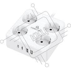 Сетевой фильтр Cablexpert Plate, PLT-4-C2U2-W-3, 4р, 10А, 2xType-C PD, 20Вт, 2xUSB, 2.4A, 3м, ур.защиты 4+, белый, коробка