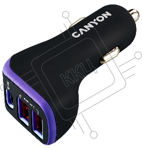 Адаптер CANYON Universal 3xUSB car adapter, Input 12V-24V, Output DC USB-A 5V/2.4A(Max) + Type-C PD 18W, with Smart IC, Black+Purple with rubber coating, 71*39*26.2mm, 0.028kg