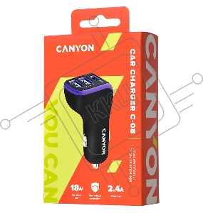 Адаптер CANYON Universal 3xUSB car adapter, Input 12V-24V, Output DC USB-A 5V/2.4A(Max) + Type-C PD 18W, with Smart IC, Black+Purple with rubber coating, 71*39*26.2mm, 0.028kg
