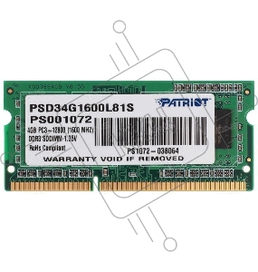 Память Patriot SL 4GB DDR3 1600MHz SO-DIMM PSD34G1600L81S PC3-12800, 1.35V 1*4GB CL11