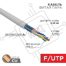 Кабель витая пара Rexant F/UTP, cat.5e, PVC, 4PR, 24AWG, INDOOR, SOLID, серый, 305м, серия LIGHT