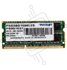 Память Patriot 8GB DDR3 1600MHz, SO-DIMM (PC3-12800) PSD38G1600L2S