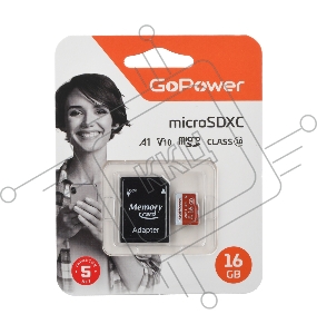 Карта памяти microSD GoPower 16GB Class10 UHS-I (U3) 80 МБ/сек V10 с адаптером