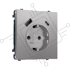 Комплект механизма электрической розетки SIGMA Сталь матовый 2USB A+C 20W (быст. зар.) с/з с/ш 16A-250V QUANT PRO (SP5100, PR160)