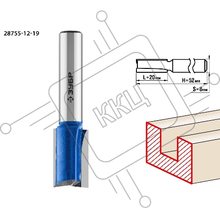 Фреза ЗУБР 28755-12-19  пазовая прямая с нижними подрезателями d= 12мм дл.-20мм хв.-8мм