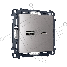 Комплект механизма розетки ALFA Сталь матовый 2USB A+C 20W (быстрая зарядка) QUANT (AP5110, VM177) MA511010