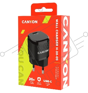 Зарядное устройство Canyon, PD 20W Input: 100V-240V, Output: 1 port charge: USB-C:PD 20W (5V3A/9V2.22A/12V1.66A) , Eu plug, Over- Voltage ,  over-heated, over-current and short circuit protection Compliant with CE RoHs,ERP. Size: 68.5*29.2*29.4mm, 32.5g, 