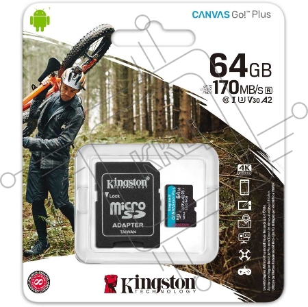 Флеш карта Kingston 64GB microSDXC Canvas Go Plus 170R A2 U3 V30 Card + ADP EAN: 740617301045