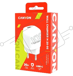 Зарядное устройство  Canyon, PD 20W Input: 100V-240V, Output: 1 port charge: USB-C:PD 20W (5V3A/9V2.22A/12V1.66A) , Eu plug, Over- Voltage ,  over-heated, over-current and short circuit protection Compliant with CE RoHs,ERP. Size: 68.5*29.2*29.4mm, 32.5g,