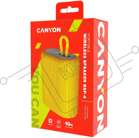 Портативная акустика CANYON BSP-4, Bluetooth Speaker, BT V5.0, BLUETRUM AB5365A, TF card support, Type-C USB port, 1200mAh polymer battery, Yellow, cable length 0.42m, 114*93*51mm, 0.29kg