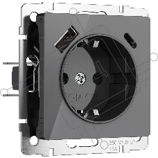 Розетка с заземлением, шторками и USB тип A+C (графит акрил)