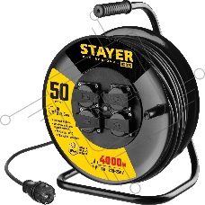 Удлинитель силовой Stayer 55076-50 3x2.5кв.мм 4розет. 50м КГ катушка черный