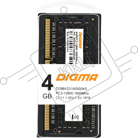 Оперативная память DDR3L 4Gb 1600MHz Digma DGMAS31600004S RTL PC3-12800 CL11 SO-DIMM 204-pin 1.35В single rank