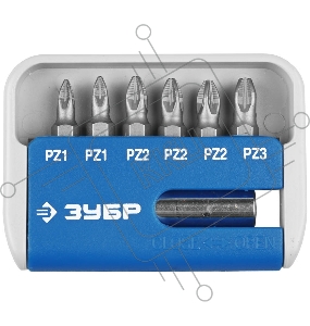 Набор ЗУБР: Биты с магнитным адаптером, хромомолибденовая сталь S2, PZ1(2шт), PZ2(3шт), PZ3(1шт), 7 пред