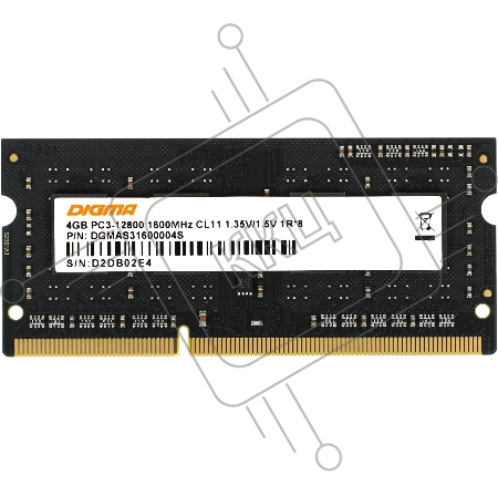 Оперативная память DDR3L 4Gb 1600MHz Digma DGMAS31600004S RTL PC3-12800 CL11 SO-DIMM 204-pin 1.35В single rank