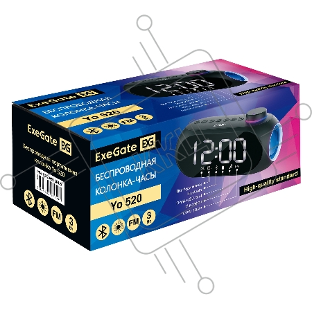 BT-колонка-часы ExeGate Yo 520 (электронные беспроводные с LED индикацией, 3Вт, 80-20000Гц, Bluetooth, Li-Ion, 1200mAh, FM 87.5MHz-108MHz, поддержка TF/microSD-card, 3,5mm audio jack, зарядка USB Type-C, регулятор громкости на верхней панели, Color Box)