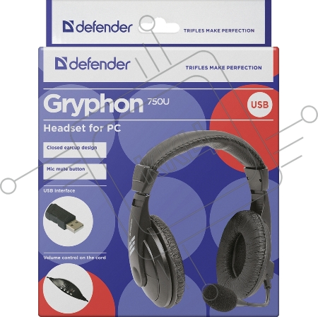 Гарнитура Defender Gryphon 750U USB, черный, 1.8м кабель  63752