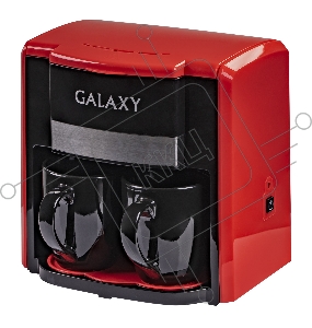 Кофеварка электрическая GALAXY LINE GL 0708, красная, капельная, 750 Вт, 0,3 л (2 чашки), многоразовый съемный фильтр, выключатель с индикатором работы, ножки, препятствующие скольжению, 2 керамические чашки в комплекте, мерная ложка