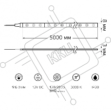 Лента светодиодная Elementary 2835/120-SMD 9.6W 12V DC теплый белый IP20 (ZIP bag 5m)