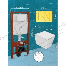 Комплект BAU 6 в 1: усиленная инсталляция BAU IDEAL, унитаз подвесной безободковый торнадо обратного потока Bau Stil Hurricane2, сиденье микролифт, клавиша BAU Light антивандальная, нерж. сталь золото