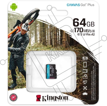 Флеш карта  Kingston 64GB microSDXC Canvas Go Plus 170R A2 U3 V30 Single Pack w/o ADP EAN: 740617301175