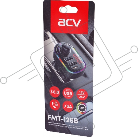 Автомобильный FM-модулятор ACV FMT-128B черный MicroSD BT USB (38762)
