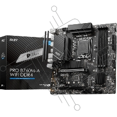 Материнская плата MSI PRO B760M-A WIFI DDR4, LGA 1700, Intel B760, 4xDDR4, 4xSATA, 2xM.2, 1xPCI-E 4.0 x16, 1xPCI-E 4.0 x4, 1xPCI-E x1, 2xHDMI, 2xDP, 1x 2.5Gb LAN, 2xUSB-A 2.0, 2xUSB-A 3.2 Gen 1, 2xUSB-A 3.2 Gen 2, 3x3.5 мм, 7.1, Micro-ATX