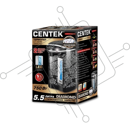 Термопот Centek CT-0086 DIAMOND 5.5л, 750Вт, LED-подсветка, большое окно, 2 способа подачи воды