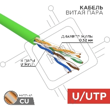 Кабель витая пара U/UTP, CAT 5e, нг(А)-LSLTx, 4х2х0,52мм, 24AWG, INDOOR, SOLID, зеленый, 305м REXANT